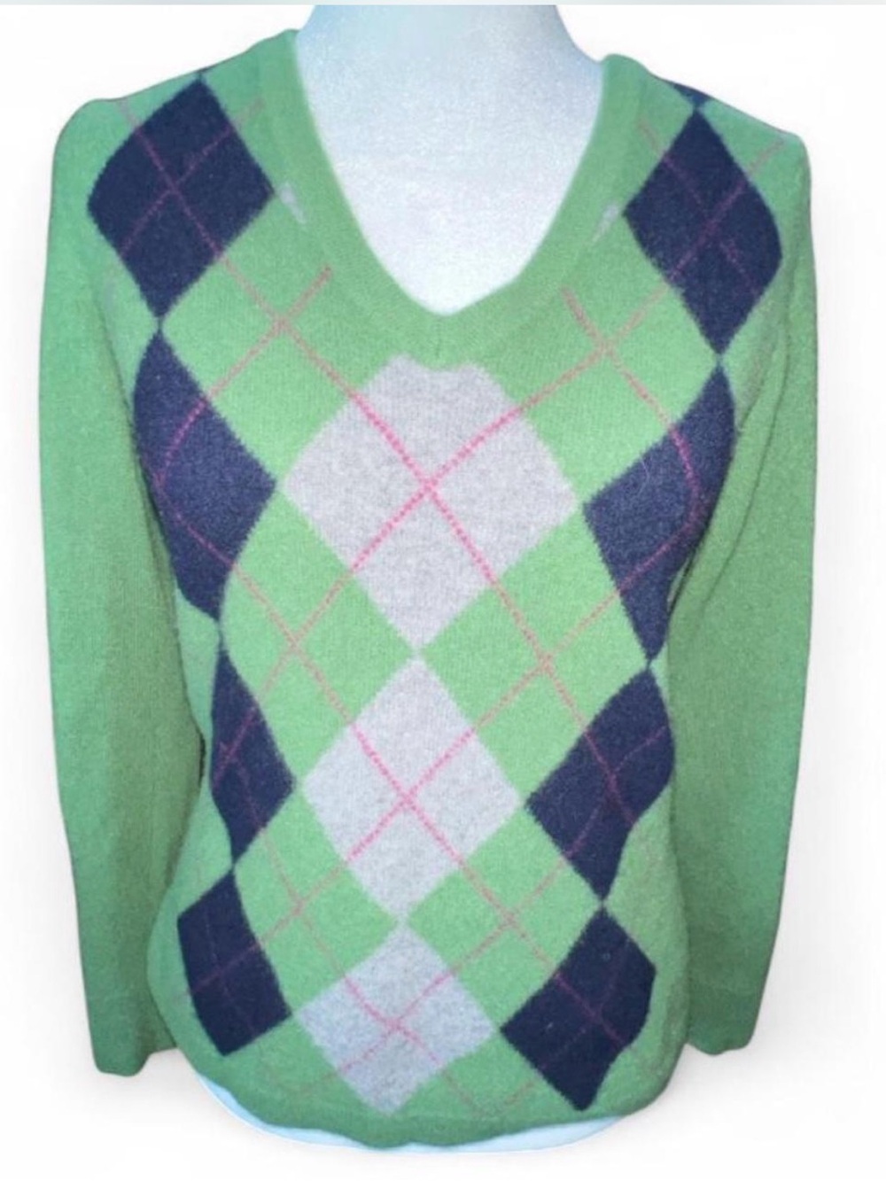 L.L. Bean Green Argyle V-Neck Sweater with Navy and Light Gray Diamonds